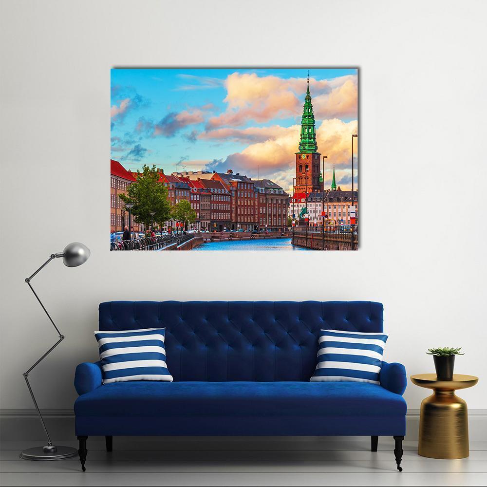 Summer Sunset Over Copenhagen Canal Canvas Wall Art in brown, orange and blue, single panel hung on a wall