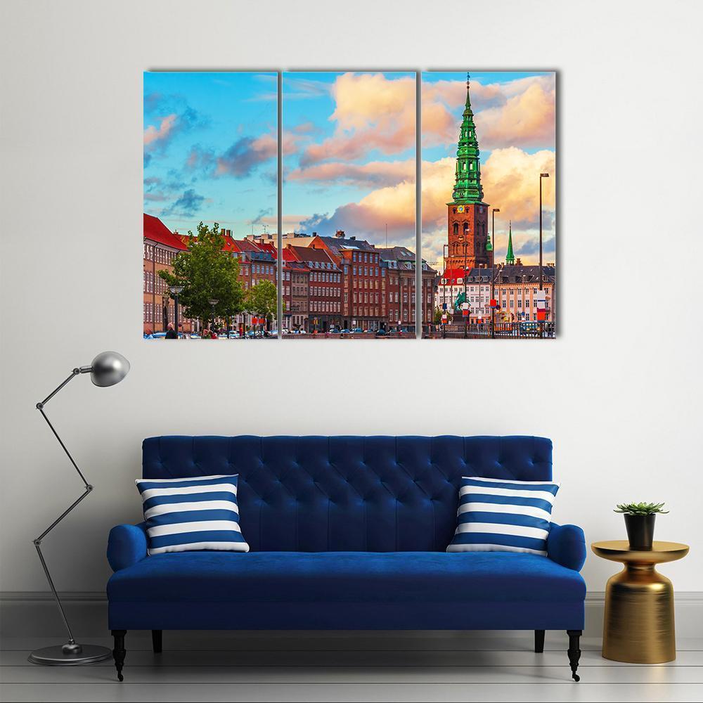 Summer Sunset In The Old Town Of Copenhagen Canvas Wall Art-3 Horizontal-Gallery Wrap-37" x 24"-Tiaracle