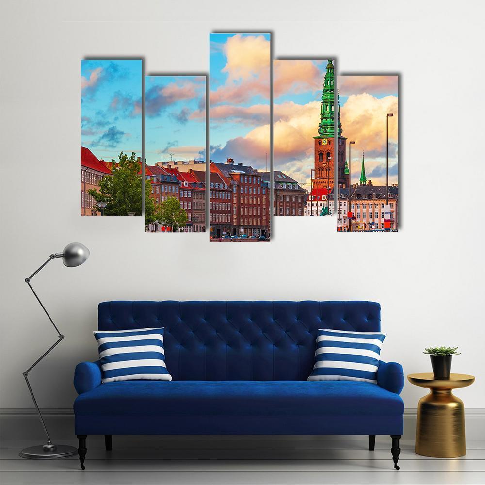 Summer Sunset In The Old Town Of Copenhagen Canvas Wall Art-5 Pop-Gallery Wrap-47" x 32"-Tiaracle