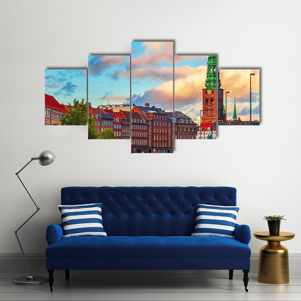 Summer Sunset In The Old Town Of Copenhagen Canvas Wall Art-5 Star-Gallery Wrap-62" x 32"-Tiaracle