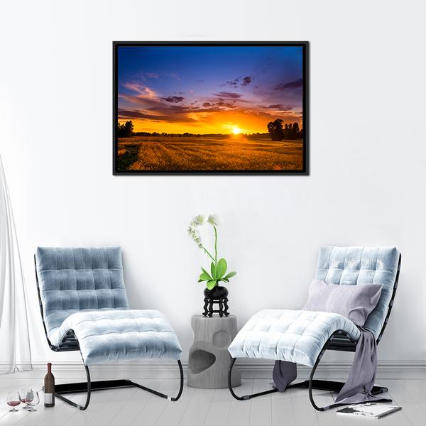 Summer Sunset Over Fields Canvas Wall Art-1 Piece-Floating Frame-24" x 16"-Tiaracle
