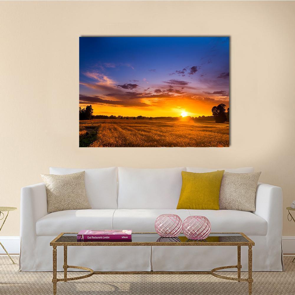 Summer Sunset Over Fields Canvas Wall Art-1 Piece-Gallery Wrap-48" x 32"-Tiaracle