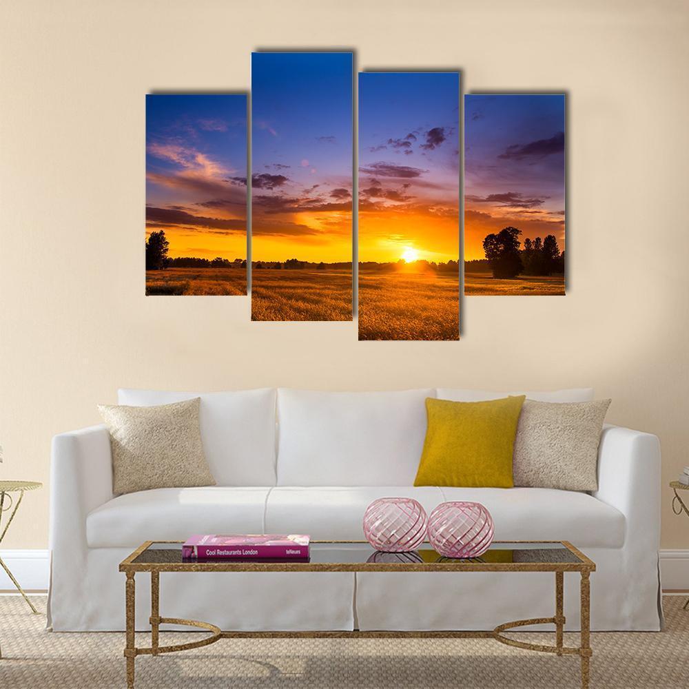 Summer Sunset Over Fields Canvas Wall Art-4 Pop-Gallery Wrap-50" x 32"-Tiaracle