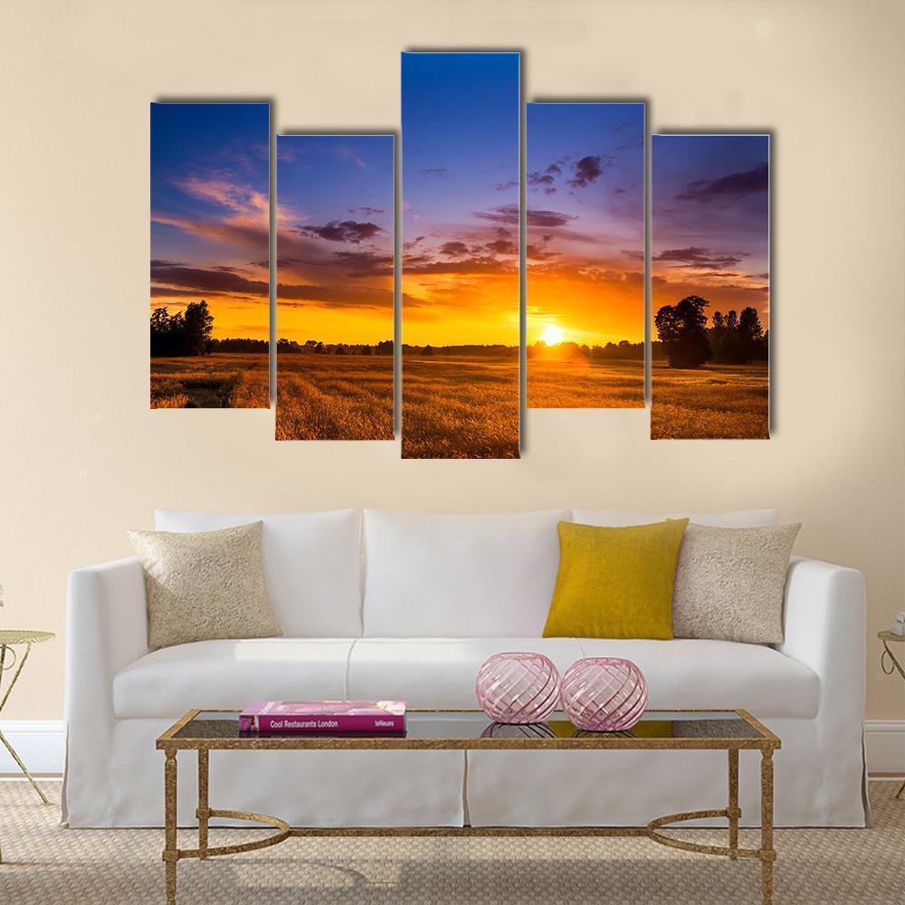 Summer Sunset Over Fields Canvas Wall Art-5 Pop-Gallery Wrap-47" x 32"-Tiaracle