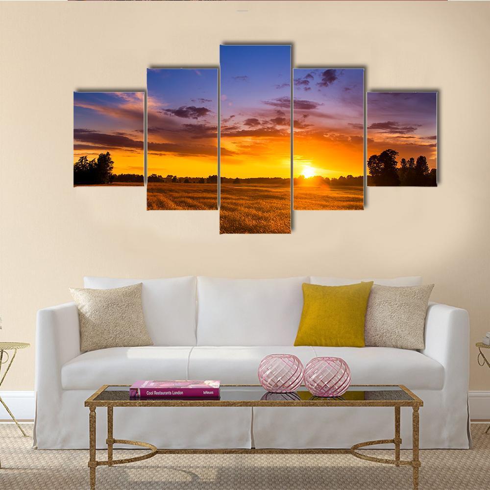 Summer Sunset Over Fields Canvas Wall Art-5 Star-Gallery Wrap-62" x 32"-Tiaracle
