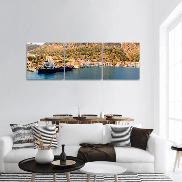 Greek Coastal Harbor with Cargo Ship Panoramic Canvas Wall Art in beige, brown and blue, hung on a wall