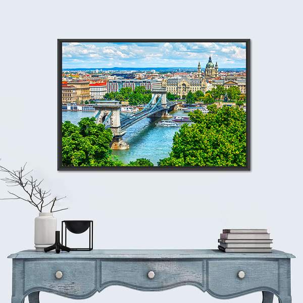 Summer View Of Chain Bridge On Danube River In Budapest City Canvas Wall Art-1 Piece-Floating Frame-24" x 16"-Tiaracle