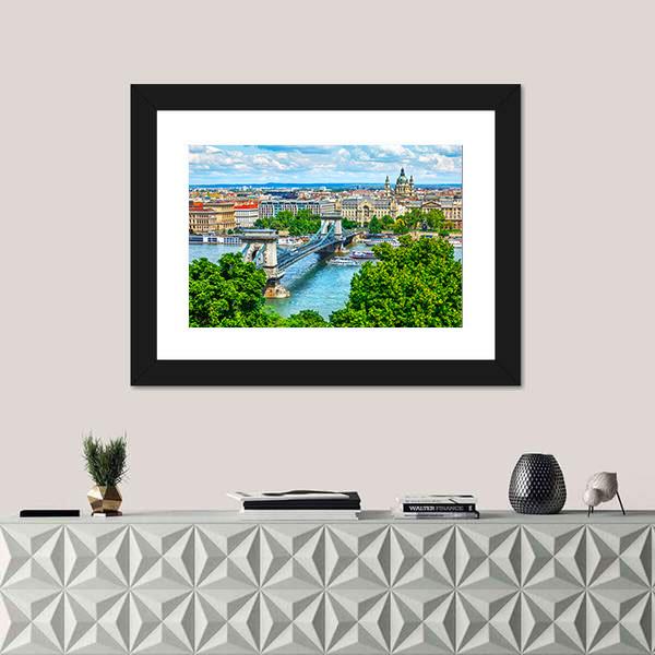 Summer View Of Chain Bridge On Danube River In Budapest City Canvas Wall Art-1 Piece-Framed Print-20" x 16"-Tiaracle
