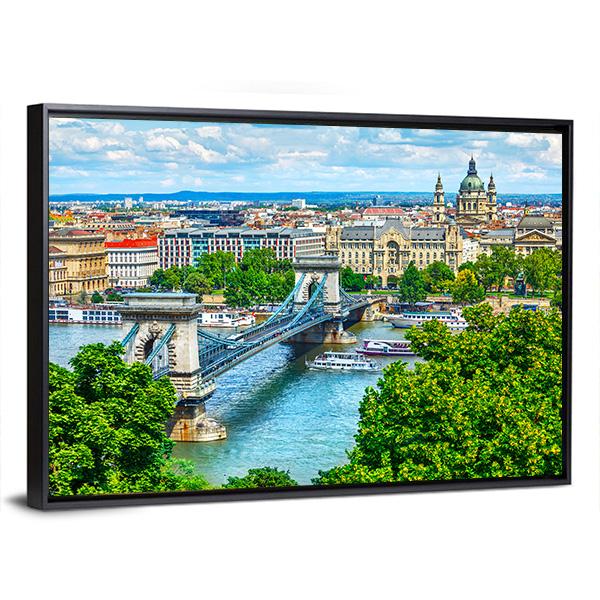 Summer View Of Chain Bridge On Danube River In Budapest City Canvas Wall Art-3 Horizontal-Gallery Wrap-25" x 16"-Tiaracle