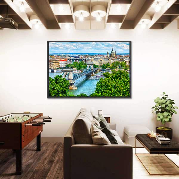 Summer View Of Chain Bridge On Danube River In Budapest City Canvas Wall Art-3 Horizontal-Gallery Wrap-25" x 16"-Tiaracle