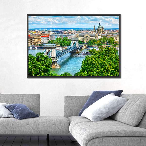 Summer View Of Chain Bridge On Danube River In Budapest City Canvas Wall Art-3 Horizontal-Gallery Wrap-25" x 16"-Tiaracle