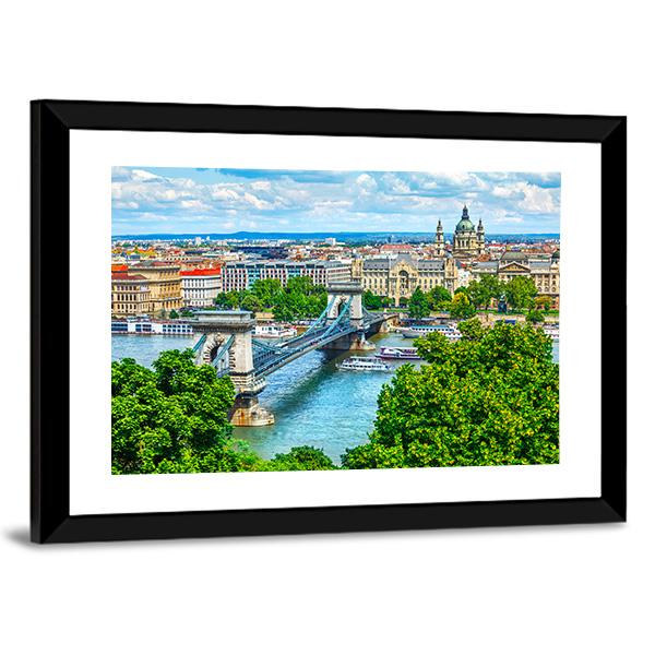 Summer View Of Chain Bridge On Danube River In Budapest City Canvas Wall Art-3 Horizontal-Gallery Wrap-25" x 16"-Tiaracle