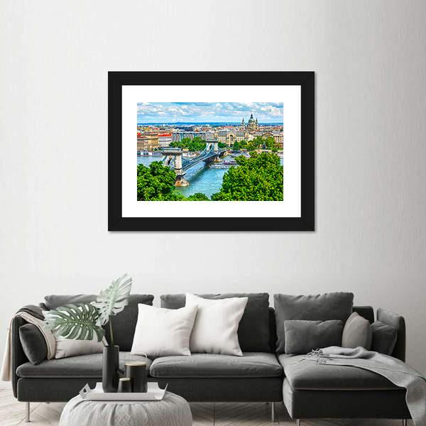 Summer View Of Chain Bridge On Danube River In Budapest City Canvas Wall Art-3 Horizontal-Gallery Wrap-25" x 16"-Tiaracle