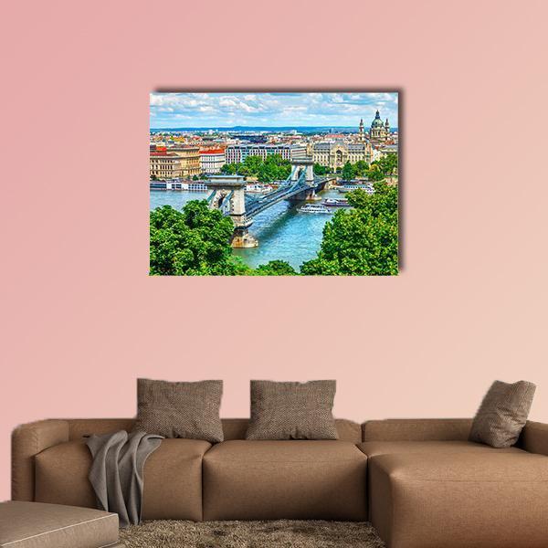 Summer View Of Chain Bridge On Danube River In Budapest City Canvas Wall Art-1 Piece-Gallery Wrap-48" x 32"-Tiaracle
