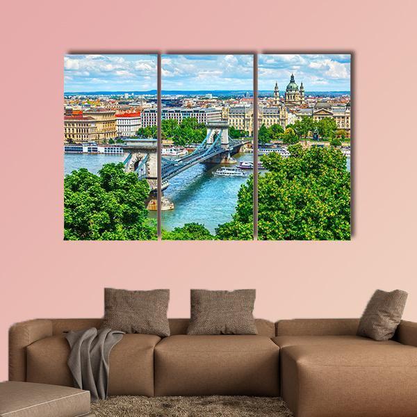 Summer View Of Chain Bridge On Danube River In Budapest City Canvas Wall Art-3 Horizontal-Gallery Wrap-25" x 16"-Tiaracle