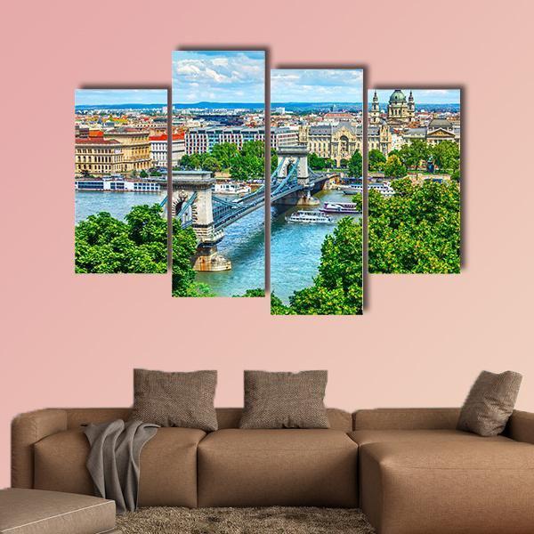 Summer View Of Chain Bridge On Danube River In Budapest City Canvas Wall Art-4 Pop-Gallery Wrap-50" x 32"-Tiaracle