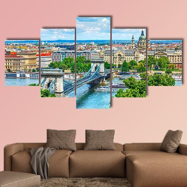 Summer View Of Chain Bridge On Danube River In Budapest City Canvas Wall Art-5 Star-Gallery Wrap-62" x 32"-Tiaracle