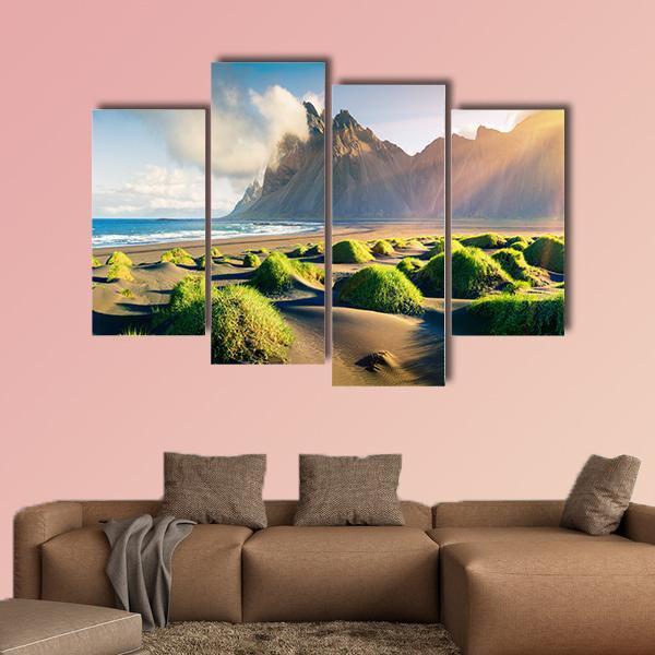 Green Dunes With Vestrahorn Canvas Wall Art-4 Pop-Gallery Wrap-50" x 32"-Tiaracle