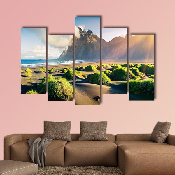 Green Dunes With Vestrahorn Canvas Wall Art-5 Pop-Gallery Wrap-47" x 32"-Tiaracle