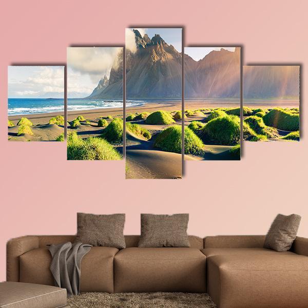 Green Dunes With Vestrahorn Canvas Wall Art-5 Star-Gallery Wrap-62" x 32"-Tiaracle