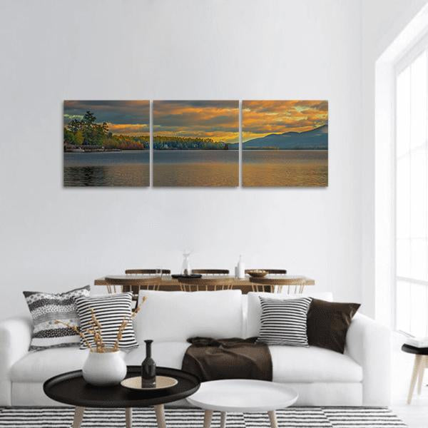 Summer View Of Lake George in New York Panoramic Canvas Wall Art-3 Piece-25" x 08"-Tiaracle