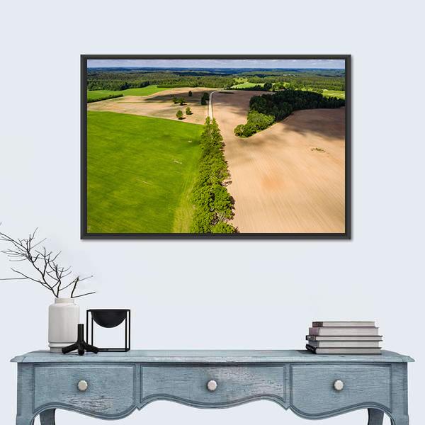 Summer View Of Rural Area With Freshly Cultivated Fields Canvas Wall Art-1 Piece-Floating Frame-24" x 16"-Tiaracle