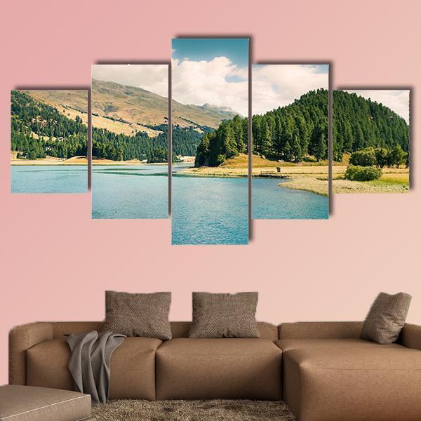 Summer View Of Sils Lake Canvas Wall Art-5 Star-Gallery Wrap-62" x 32"-Tiaracle
