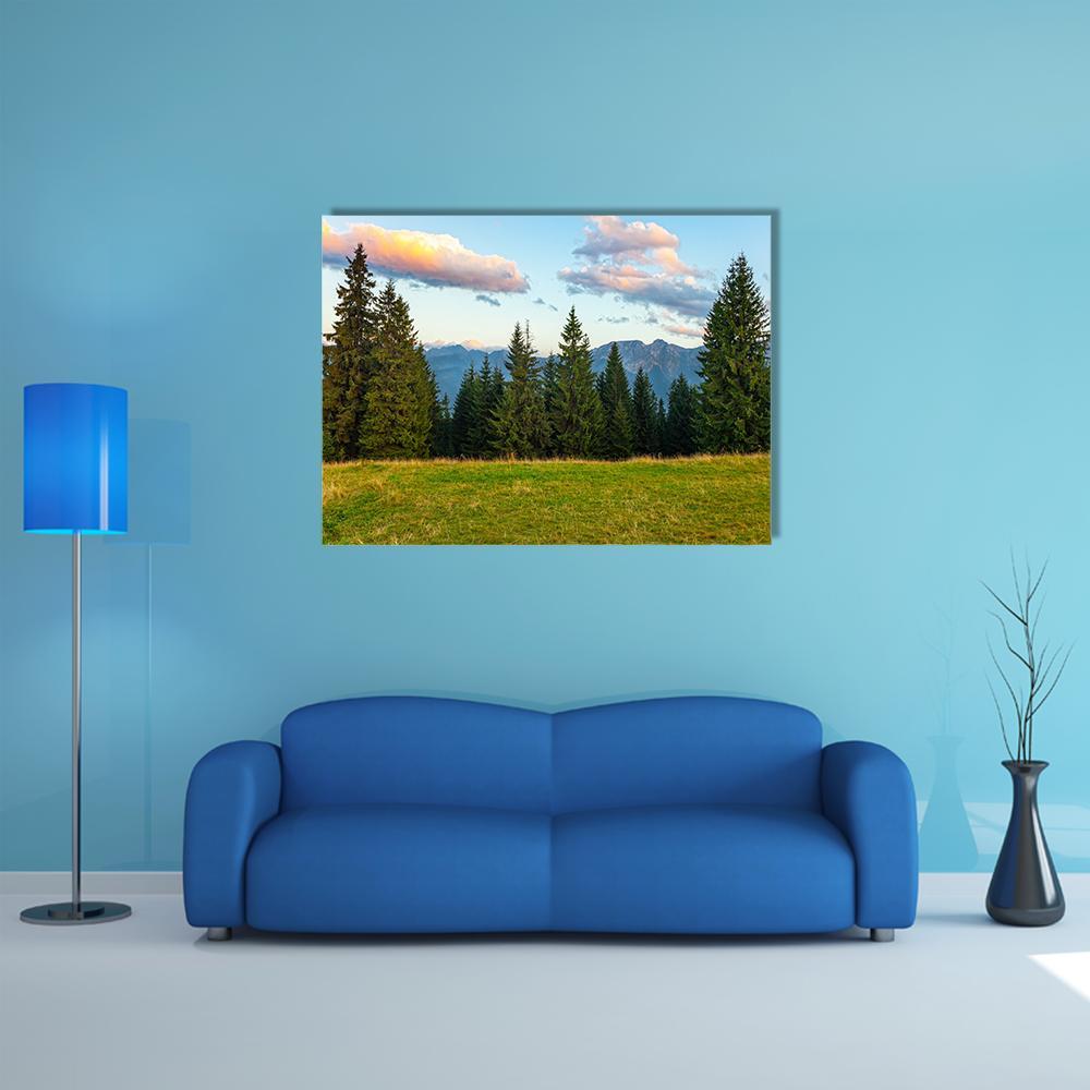 Summer View of the Tatra Mountains Canvas Wall Art in yellow, green and blue, single panel hung on a wall