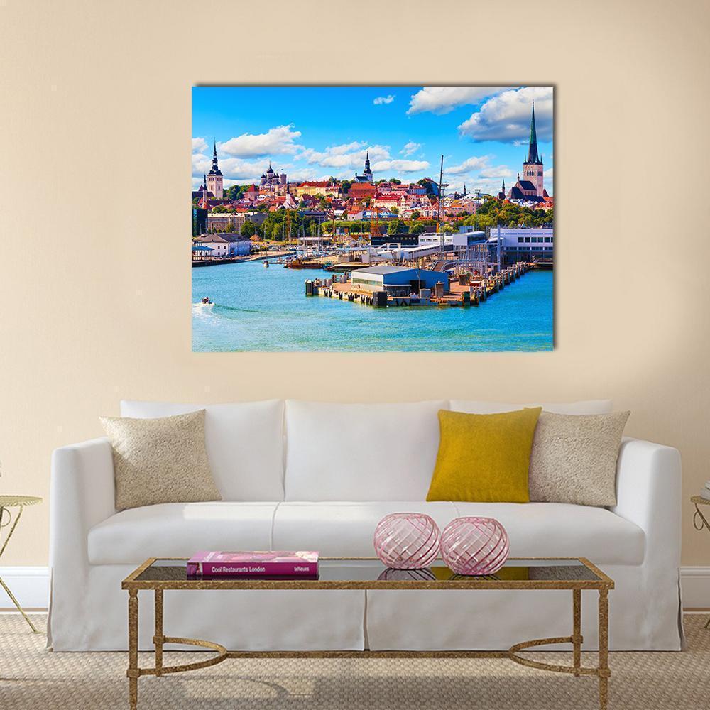 Old Town Seaport Skyline Canvas Wall Art in white, brown and blue, single panel hung on a wall