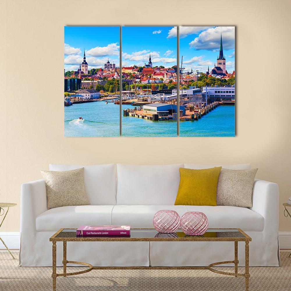 Old Town Seaport Skyline Canvas Wall Art in white, brown and blue, 3 panel horizontal set hung on a wall