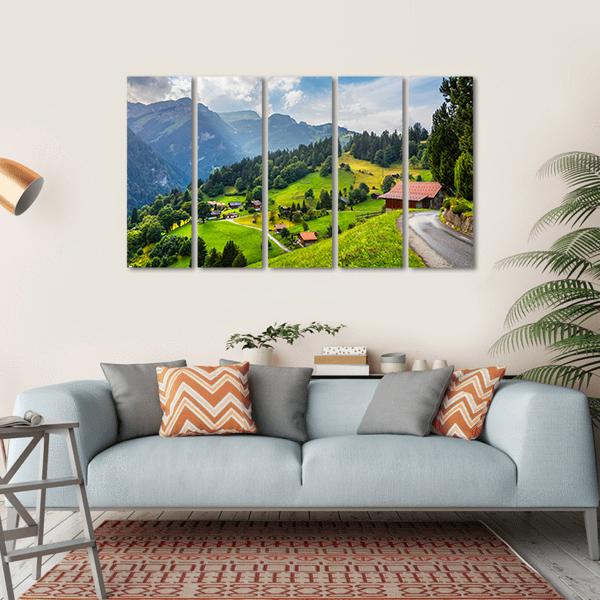 Summer View Of Wengen Village Canvas Wall Art-5 Horizontal-Gallery Wrap-22" x 12"-Tiaracle