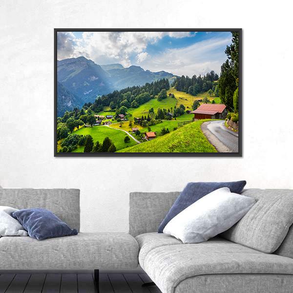 Summer View of Wengen Village Canvas Wall Art in green and blue, framed canvas, product view on a white background