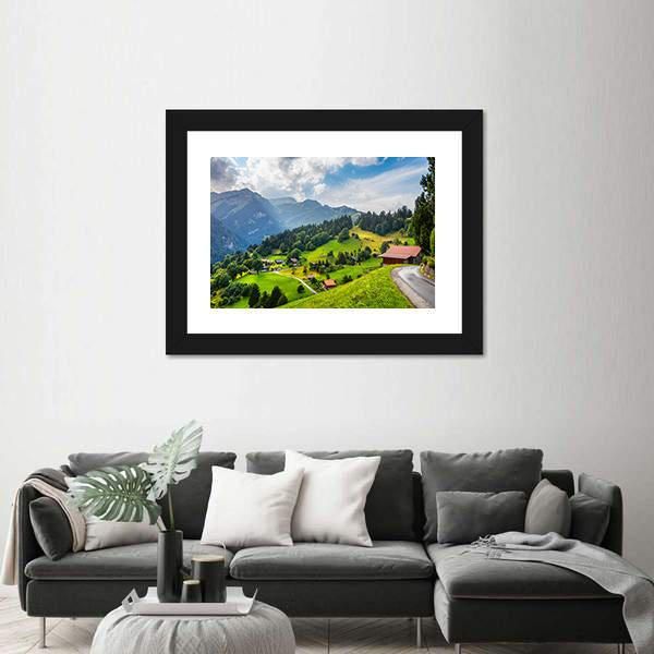 Summer View Of Wengen Village Canvas Wall Art-1 Piece-Framed Print-20" x 16"-Tiaracle