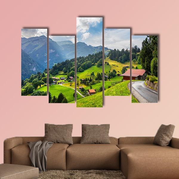 Summer View Of Wengen Village Canvas Wall Art-5 Pop-Gallery Wrap-47" x 32"-Tiaracle