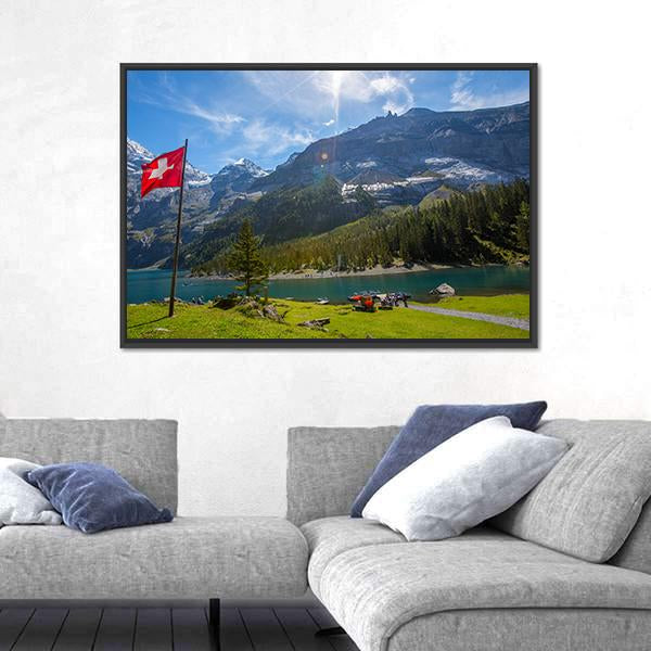 Summer View Over The Oeschinen Lake Canvas Wall Art-3 Horizontal-Gallery Wrap-25" x 16"-Tiaracle