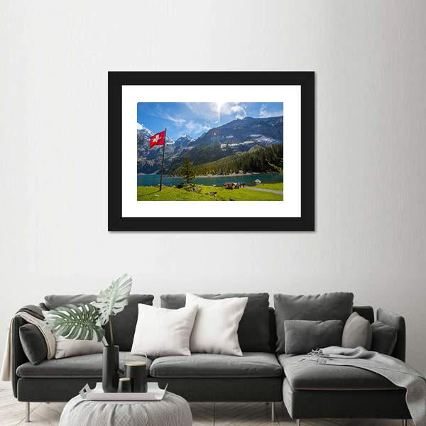 Summer View Over The Oeschinen Lake Canvas Wall Art-3 Horizontal-Gallery Wrap-25" x 16"-Tiaracle