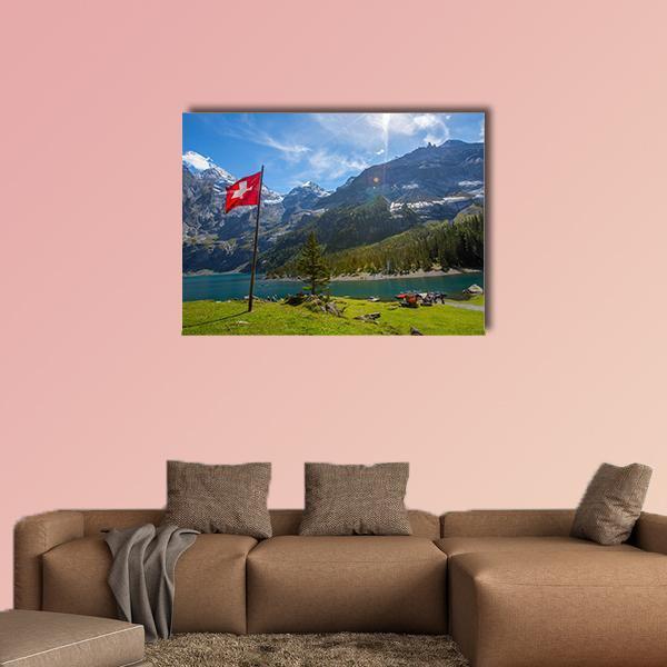 Summer View Over Oeschinen Lake Canvas Wall Art in gray, green and blue, single panel hung on a wall