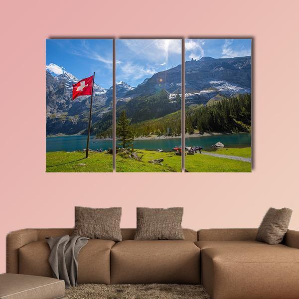 Summer View Over The Oeschinen Lake Canvas Wall Art-3 Horizontal-Gallery Wrap-37" x 24"-Tiaracle