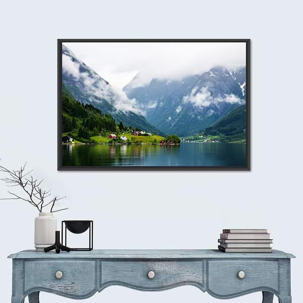 Summer View To Sognefjord And Village In Norway Canvas Wall Art-1 Piece-Floating Frame-24" x 16"-Tiaracle