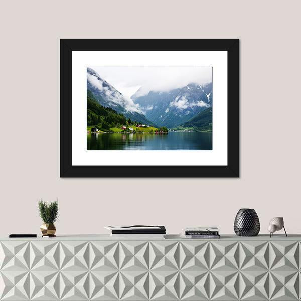 Summer View To Sognefjord And Village In Norway Canvas Wall Art-1 Piece-Framed Print-20" x 16"-Tiaracle