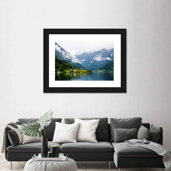 Summer View To Sognefjord And Village In Norway Canvas Wall Art-3 Horizontal-Gallery Wrap-25" x 16"-Tiaracle