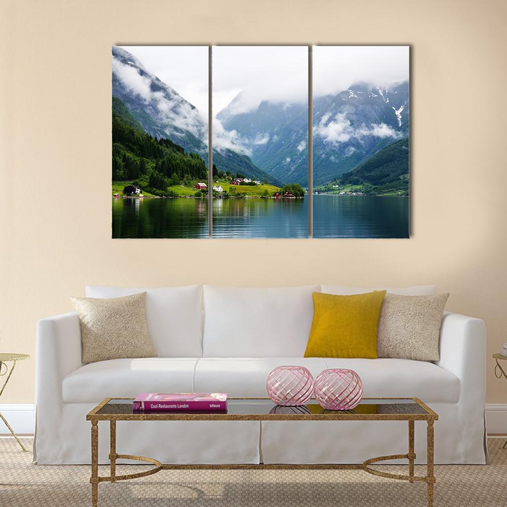 Summer View To Sognefjord And Village In Norway Canvas Wall Art-3 Horizontal-Gallery Wrap-37" x 24"-Tiaracle