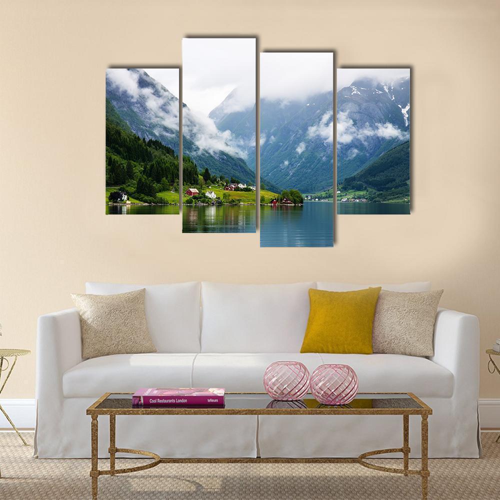 Summer View To Sognefjord And Village In Norway Canvas Wall Art-4 Pop-Gallery Wrap-50" x 32"-Tiaracle