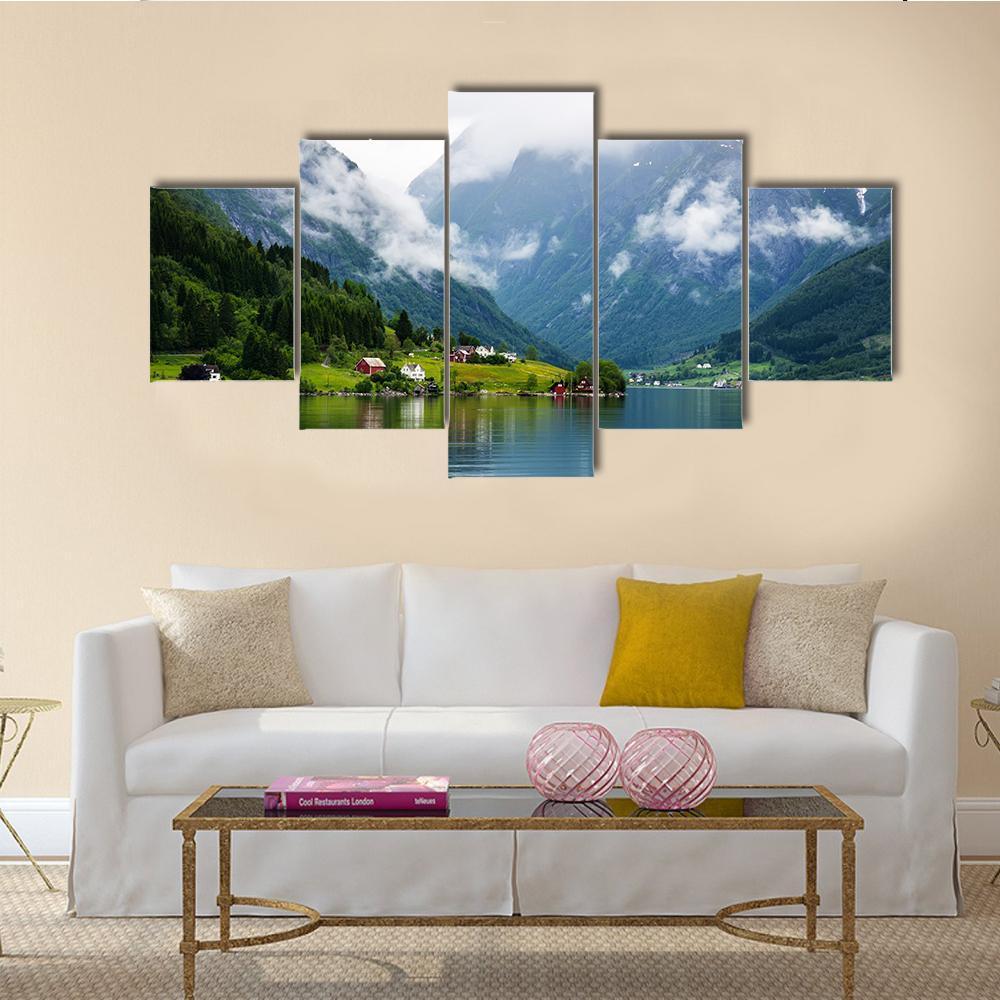 Sognefjord Summer View with Lakeside Village Canvas Wall Art in gray, green and blue, 5 panel Star layout hung on a wall