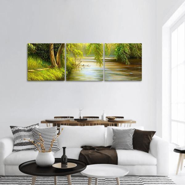 Summer Wood Lake Panoramic Canvas Wall Art-3 Piece-25" x 08"-Tiaracle