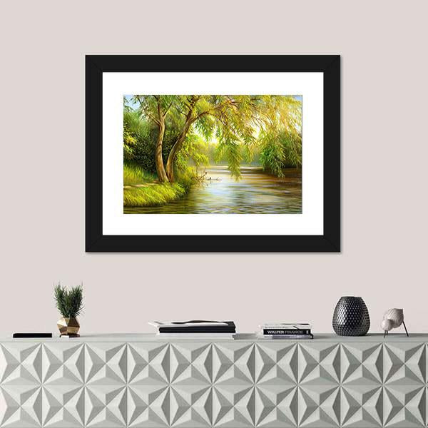 Summer Wood Lake With Trees Canvas Wall Art-1 Piece-Framed Print-20" x 16"-Tiaracle
