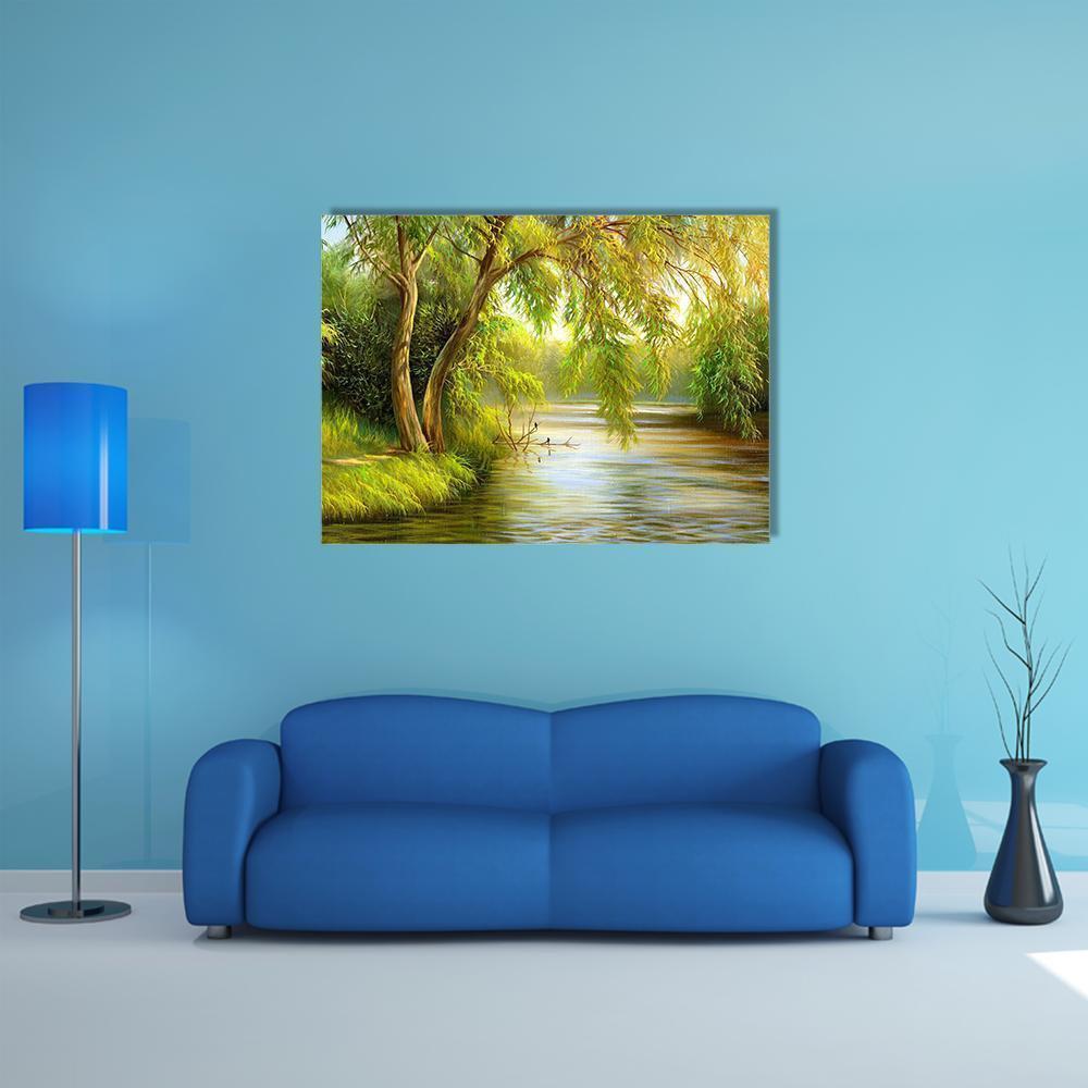 Summer Lake with Weeping Willows Canvas Wall Art in brown, yellow and green, single panel hung on a wall