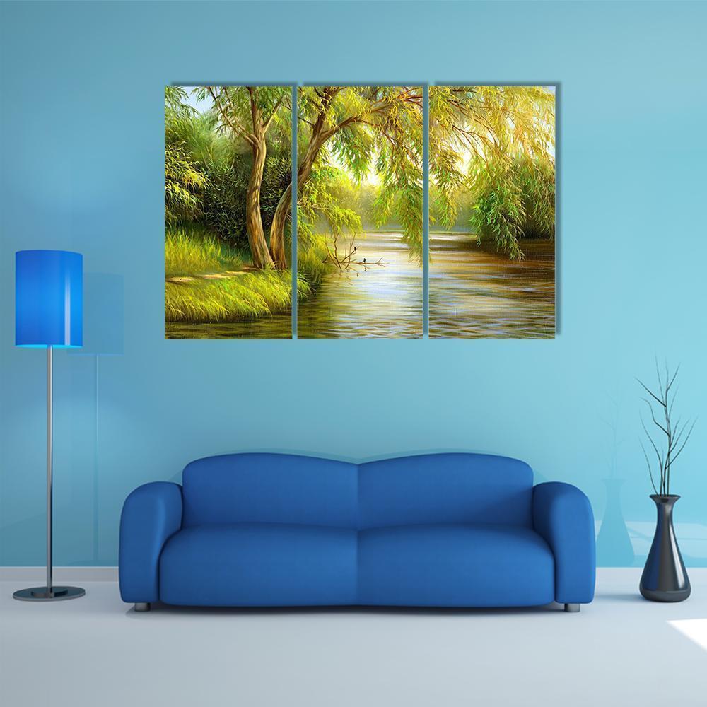 Summer Wood Lake With Trees Canvas Wall Art-3 Horizontal-Gallery Wrap-37" x 24"-Tiaracle