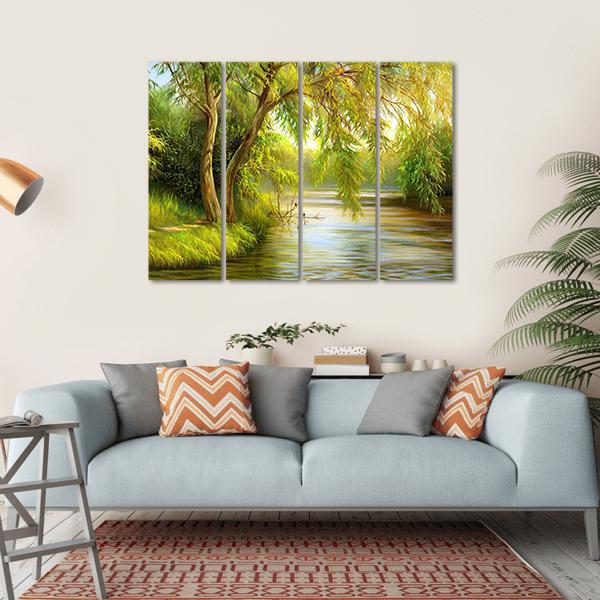 Summer Wood Lake With Trees Canvas Wall Art-4 Horizontal-Gallery Wrap-34" x 24"-Tiaracle