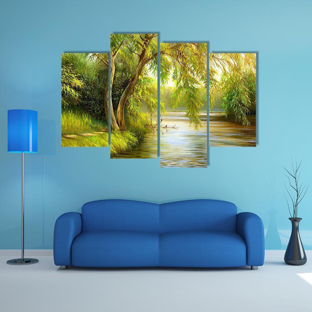 Summer Wood Lake With Trees Canvas Wall Art-4 Pop-Gallery Wrap-50" x 32"-Tiaracle